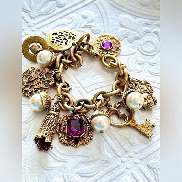 Vintage 1980s French Etruscan bracelet Tassel Charms Couture Matte Gold Toned - Picture 1 of 11